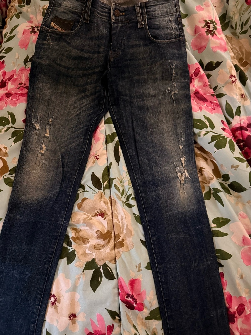 Diesel Skinny Jeans in Faded Dark Blue with Distressing